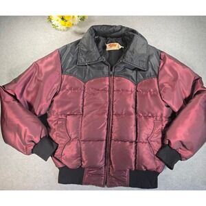 Vintage Comfy Jacket Mens XL Maroon Down Puffer Nylon Western Bomber USA 70s